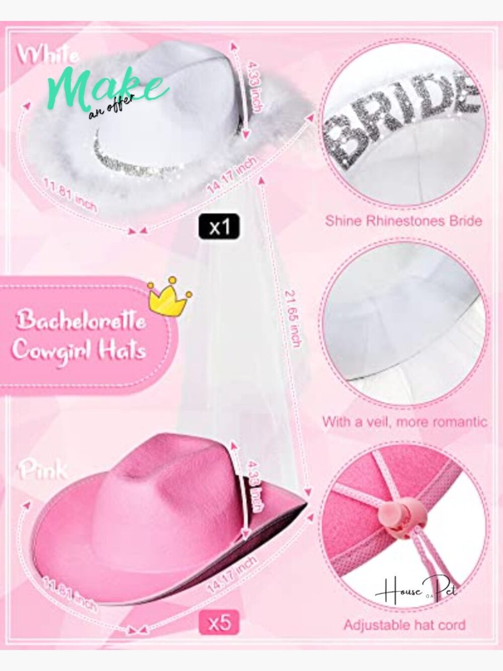 Bachelorette Party Hat Set 18-Piece Bride Cowboy Hat Veil Hats Sunglasses - Picture 2 of 7